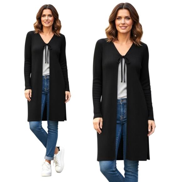 Kathy Ireland Cardigan Black Open Longline Sweater Duster Women Size L - Picture 1 of 8